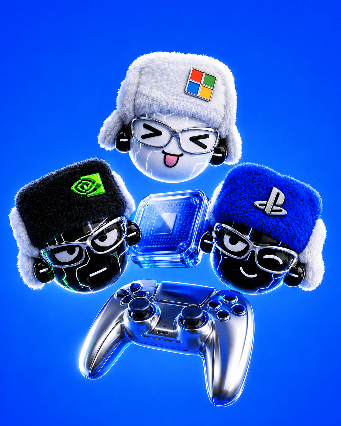 Plush Daybreak characters with a glass chip and chrome game controller